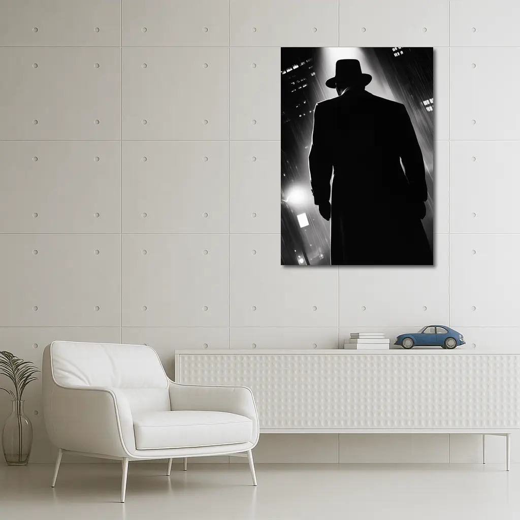 Noir Detective Silhouette Rainy City Night – Wall Art