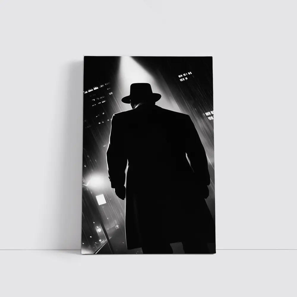Noir Detective Silhouette Rainy City Night – Wall Art