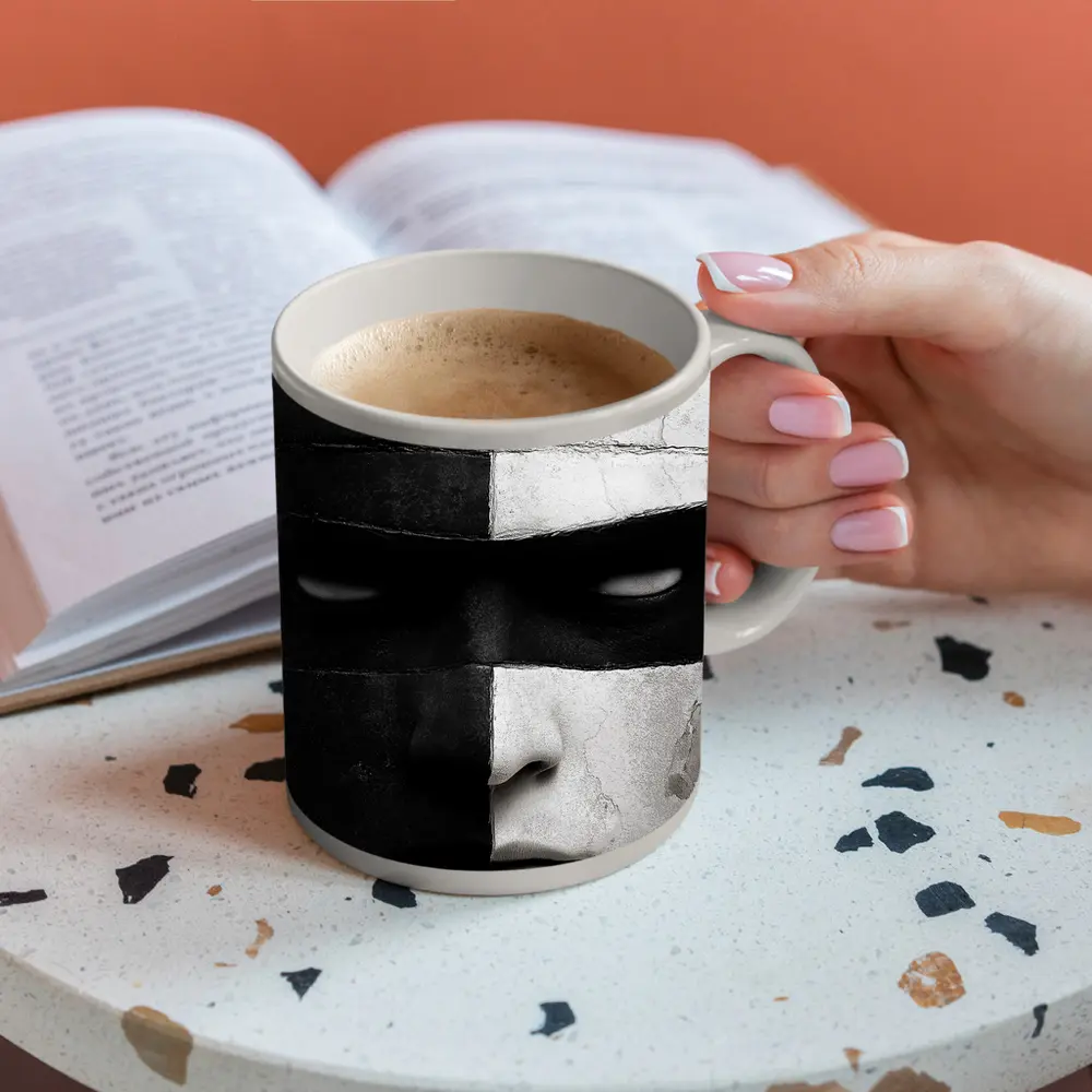 Black White Cracked Mask Face Portrait – Mugs
