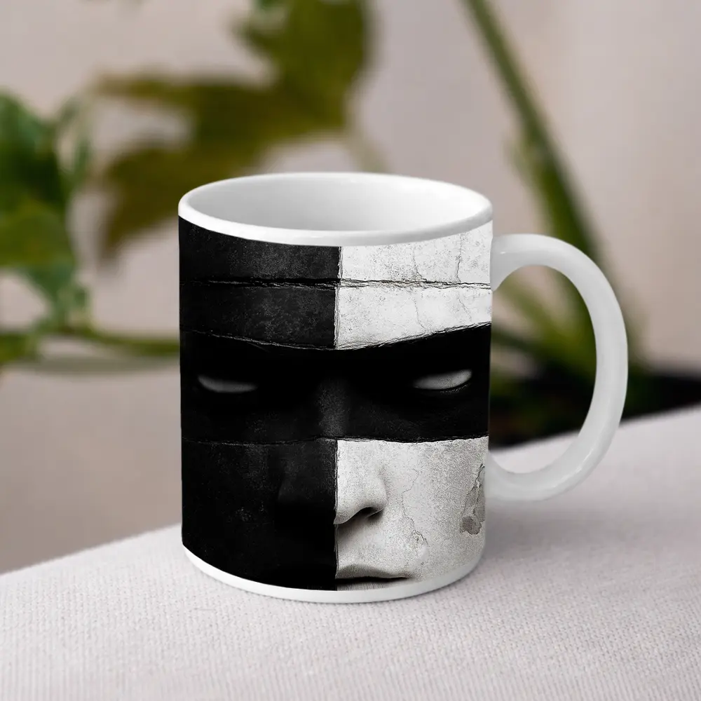 Black White Cracked Mask Face Portrait – Mugs