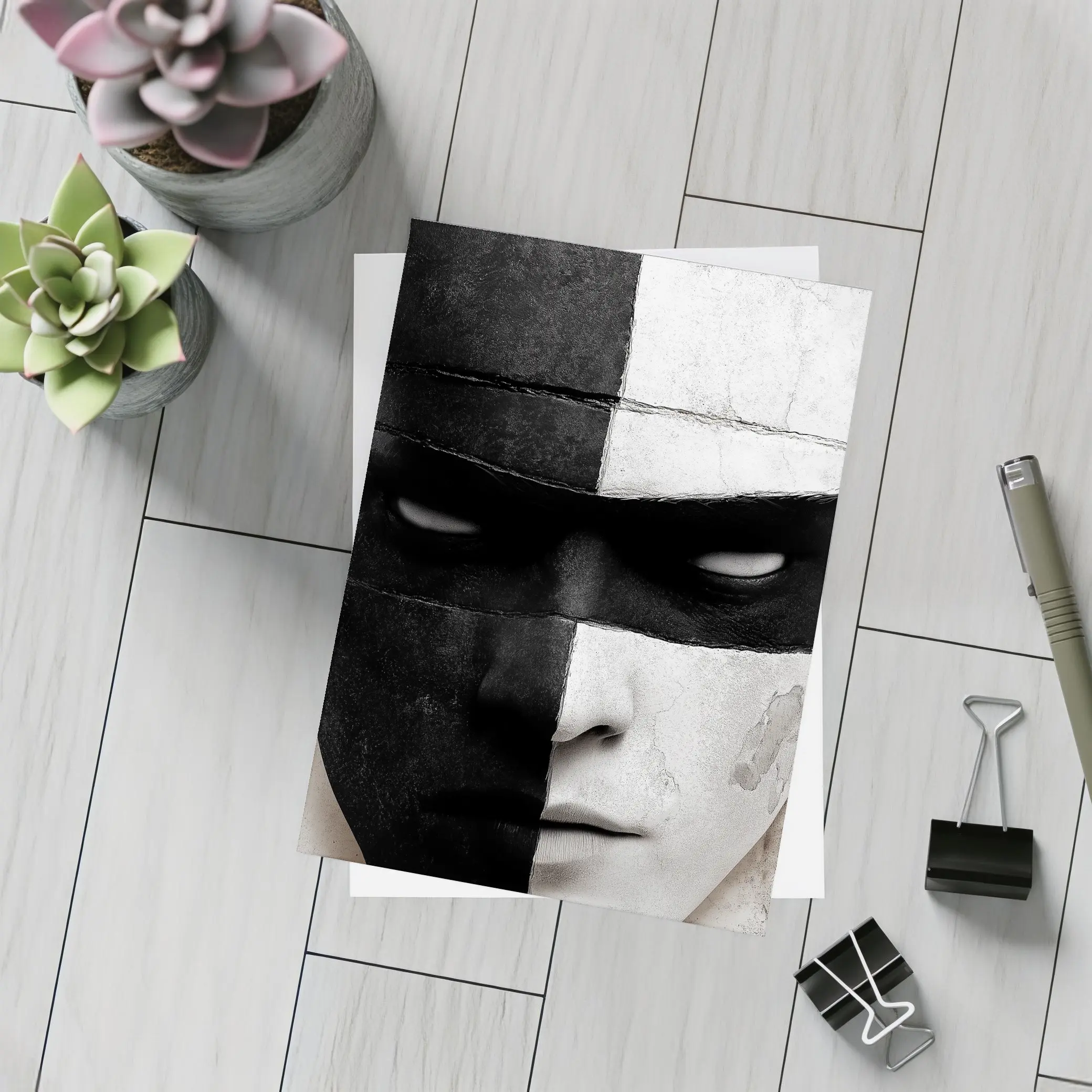 Black White Cracked Mask Face Portrait – Postcards