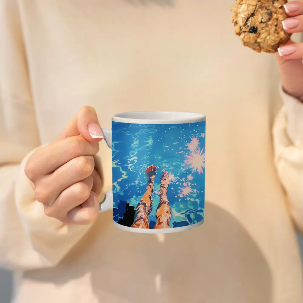 Woman Legs Dangling in Blue Pool – Mugs