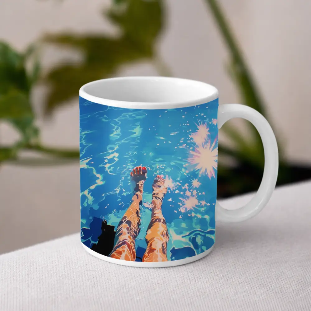 Woman Legs Dangling in Blue Pool – Mugs
