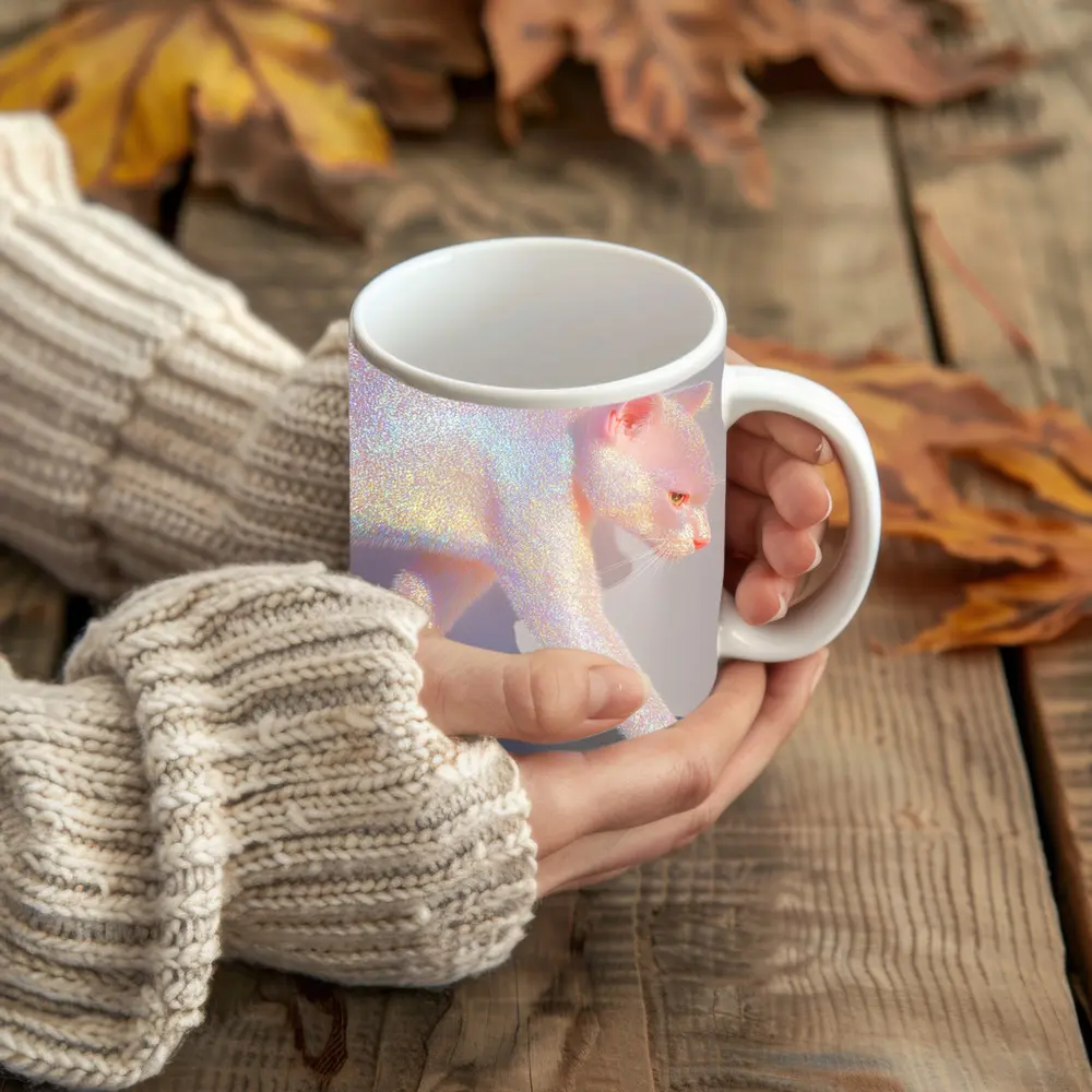 Holographic Glitter Cat Iridescent Pink Art – Mugs