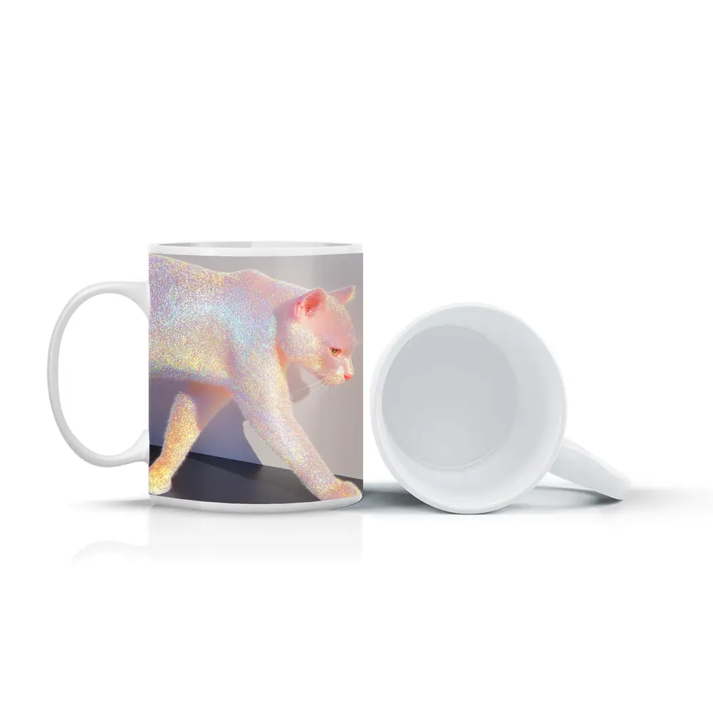Holographic Glitter Cat Iridescent Pink Art – Mugs