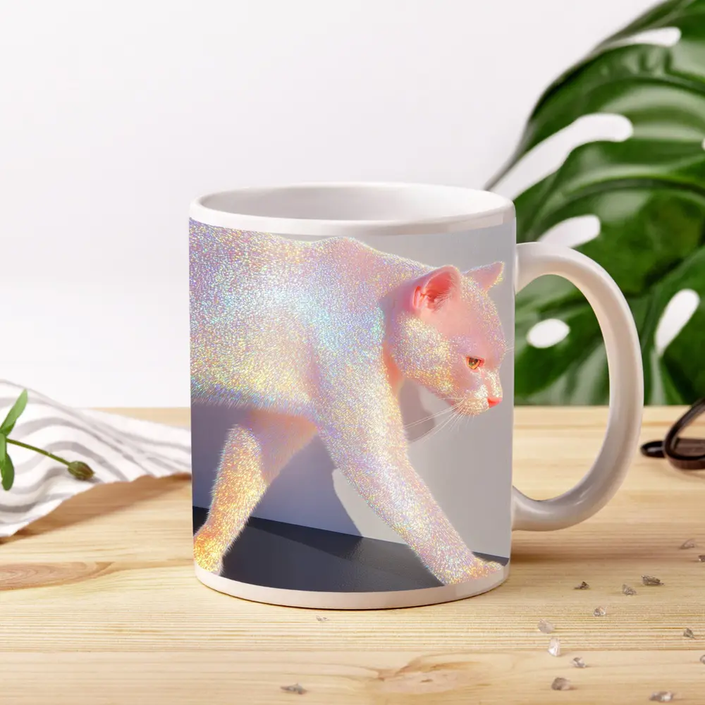 Holographic Glitter Cat Iridescent Pink Art – Mugs