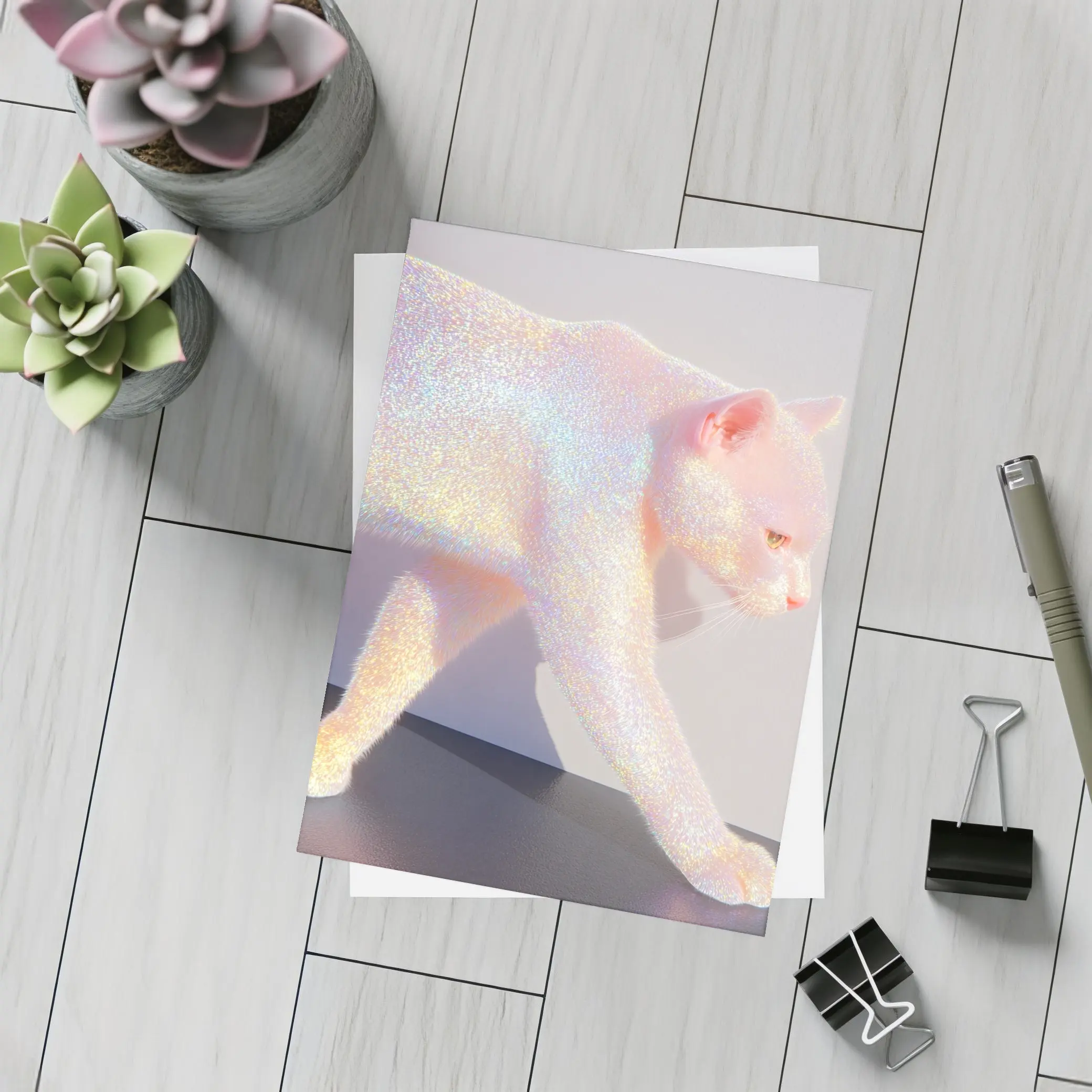 Holographic Glitter Cat Iridescent Pink Art – Postcards