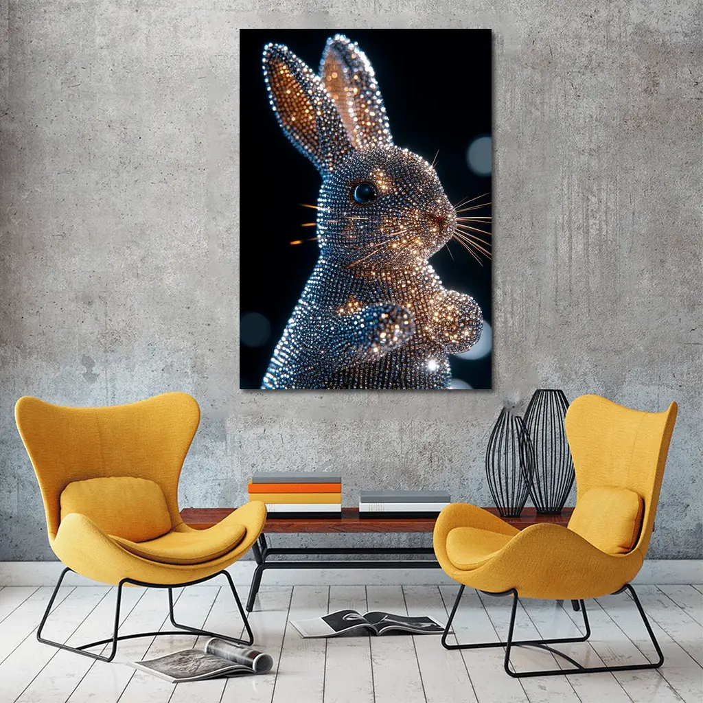 Crystal Diamond Rabbit Sparkling Dark Background – Wall Art