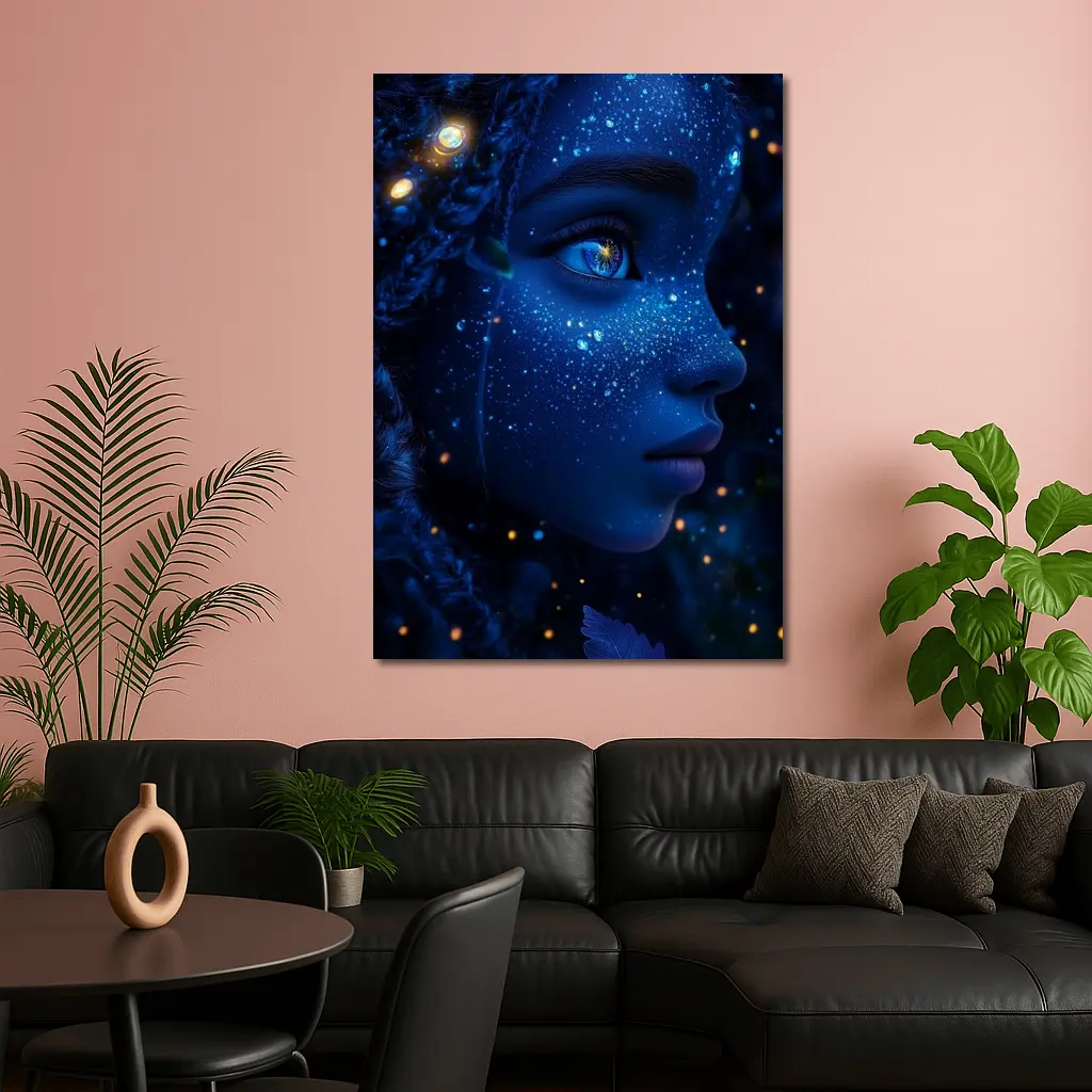 Blue Cosmic Fantasy Woman Portrait Glowing Stars – Wall Art