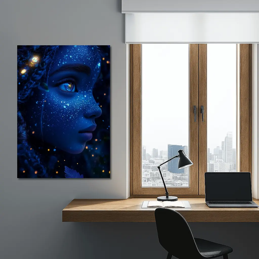 Blue Cosmic Fantasy Woman Portrait Glowing Stars – Wall Art