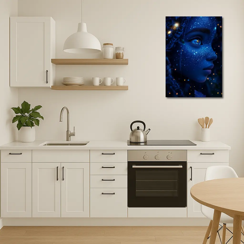 Blue Cosmic Fantasy Woman Portrait Glowing Stars – Wall Art