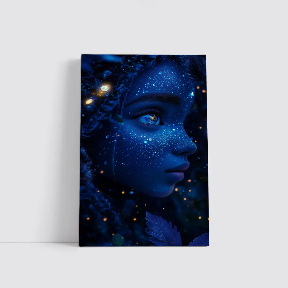 Blue Cosmic Fantasy Woman Portrait Glowing Stars – Wall Art