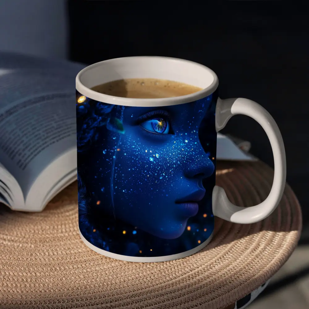 Blue Cosmic Fantasy Woman Portrait Glowing Stars – Mugs