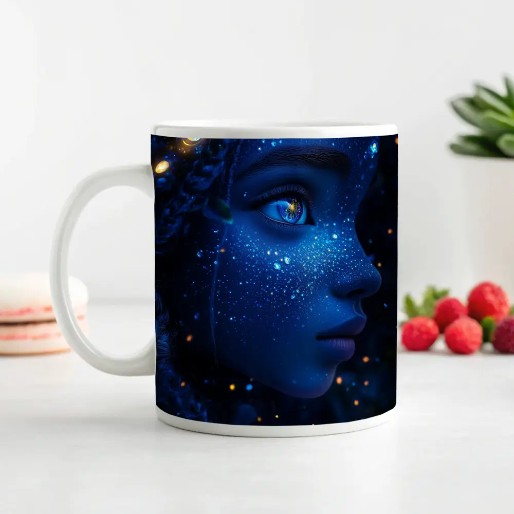 Blue Cosmic Fantasy Woman Portrait Glowing Stars – Mugs