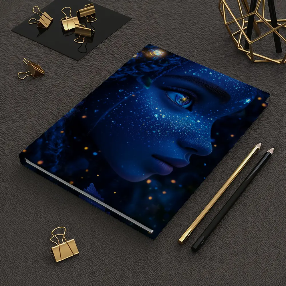Blue Cosmic Fantasy Woman Portrait Glowing Stars – Notebooks
