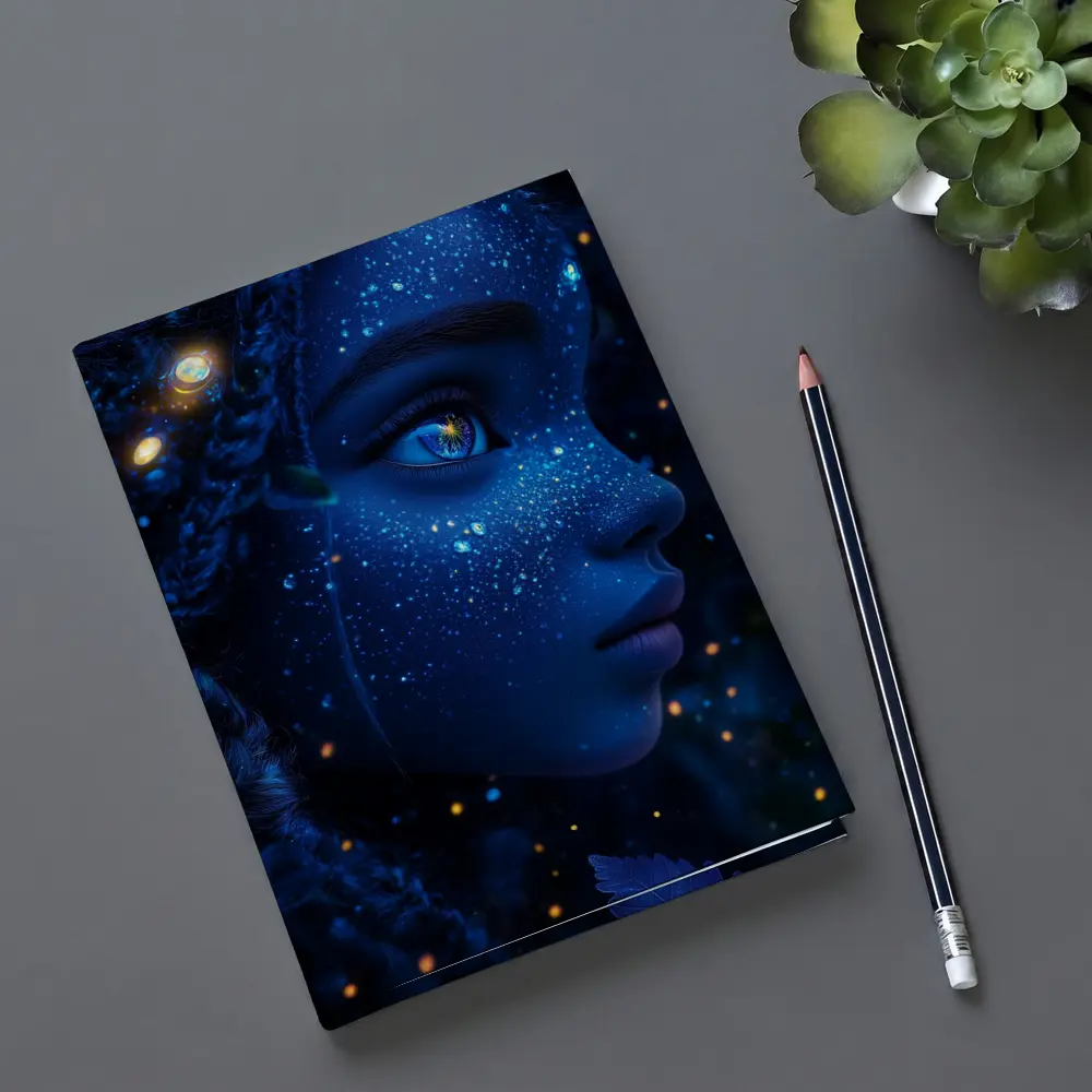 Blue Cosmic Fantasy Woman Portrait Glowing Stars – Notebooks