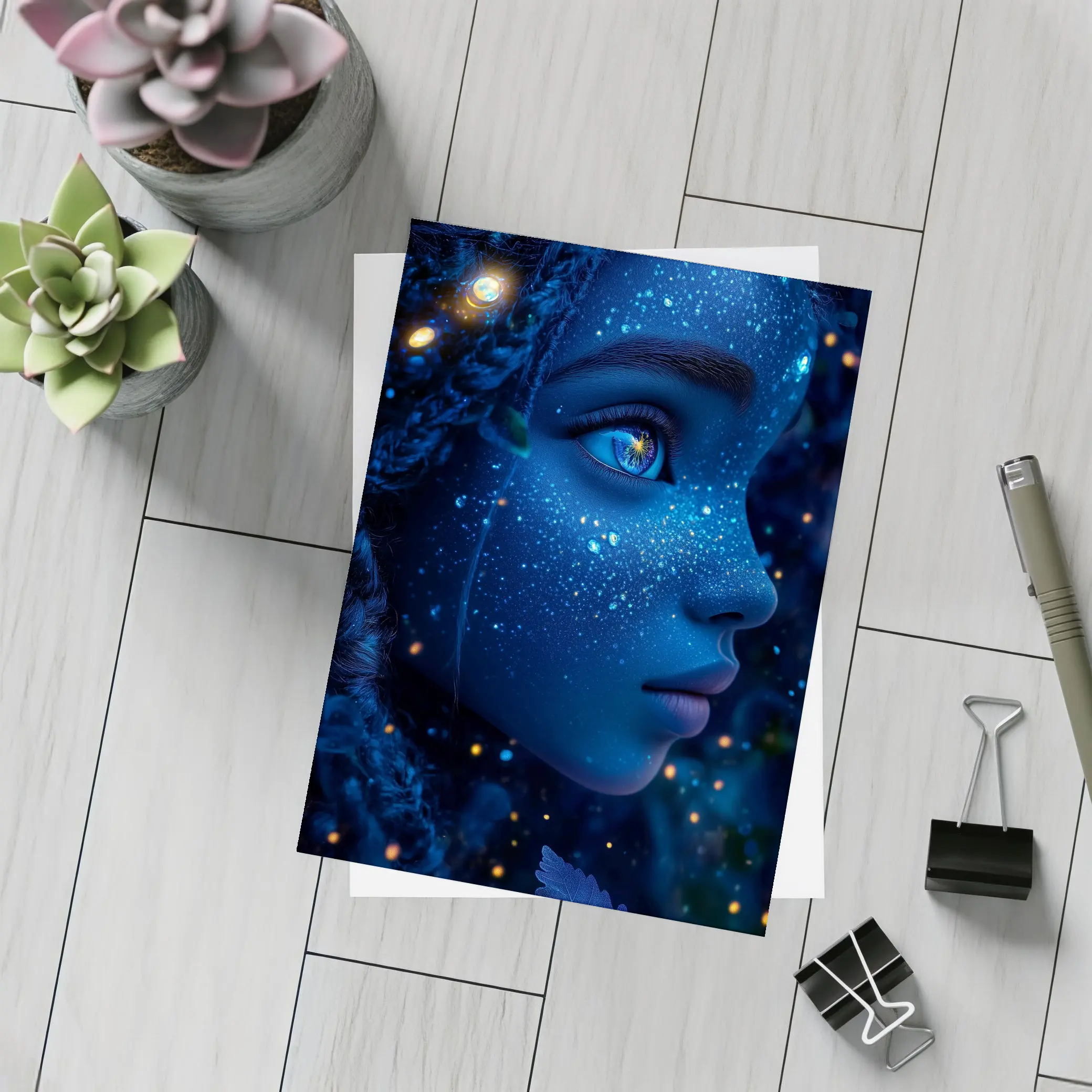Blue Cosmic Fantasy Woman Portrait Glowing Stars – Postcards
