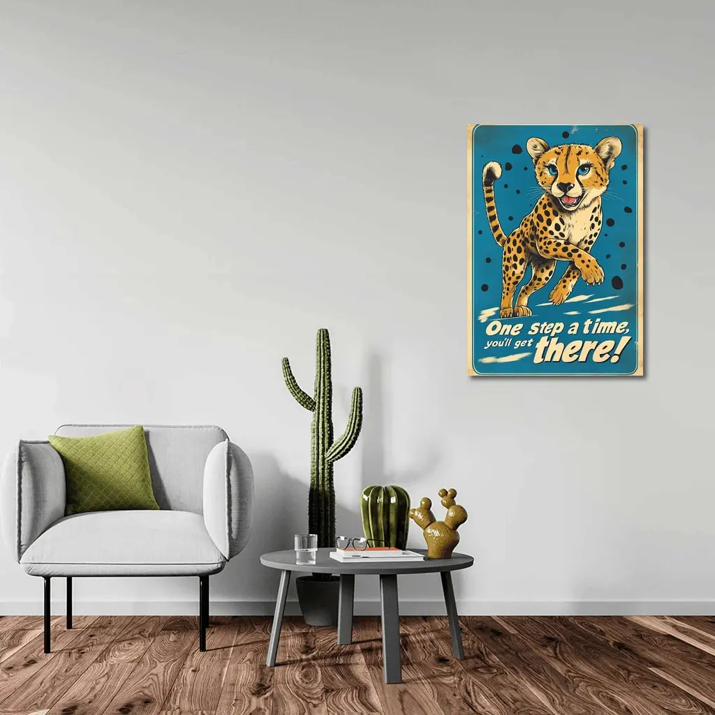 Cheetah Cub Running Retro Blue Motivational Art – Wall Art