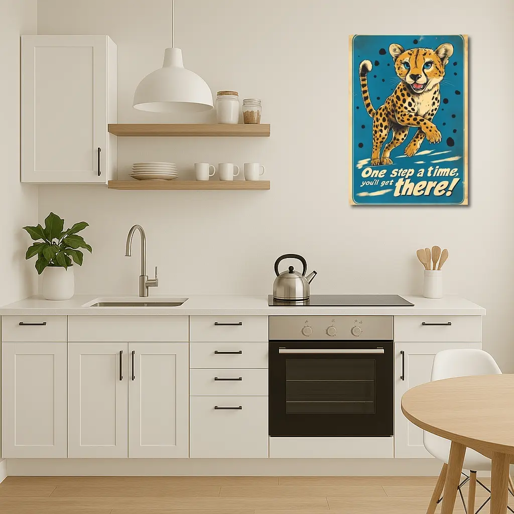 Cheetah Cub Running Retro Blue Motivational Art – Wall Art