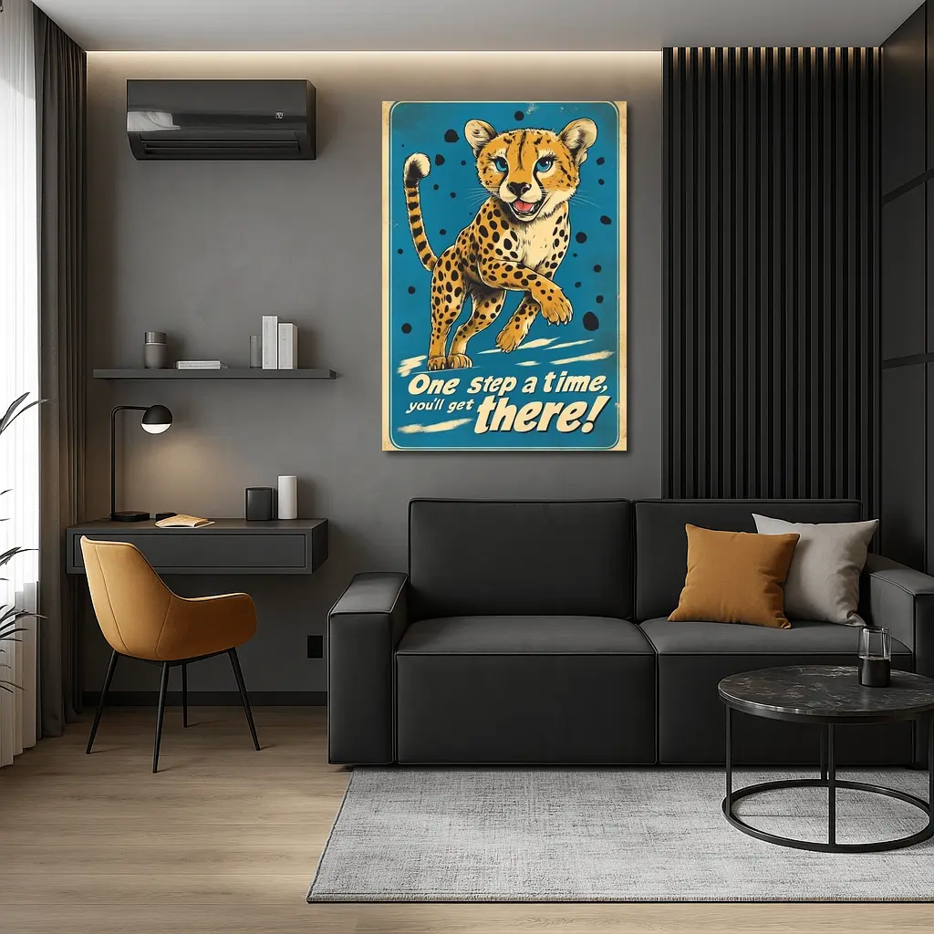 Cheetah Cub Running Retro Blue Motivational Art – Wall Art