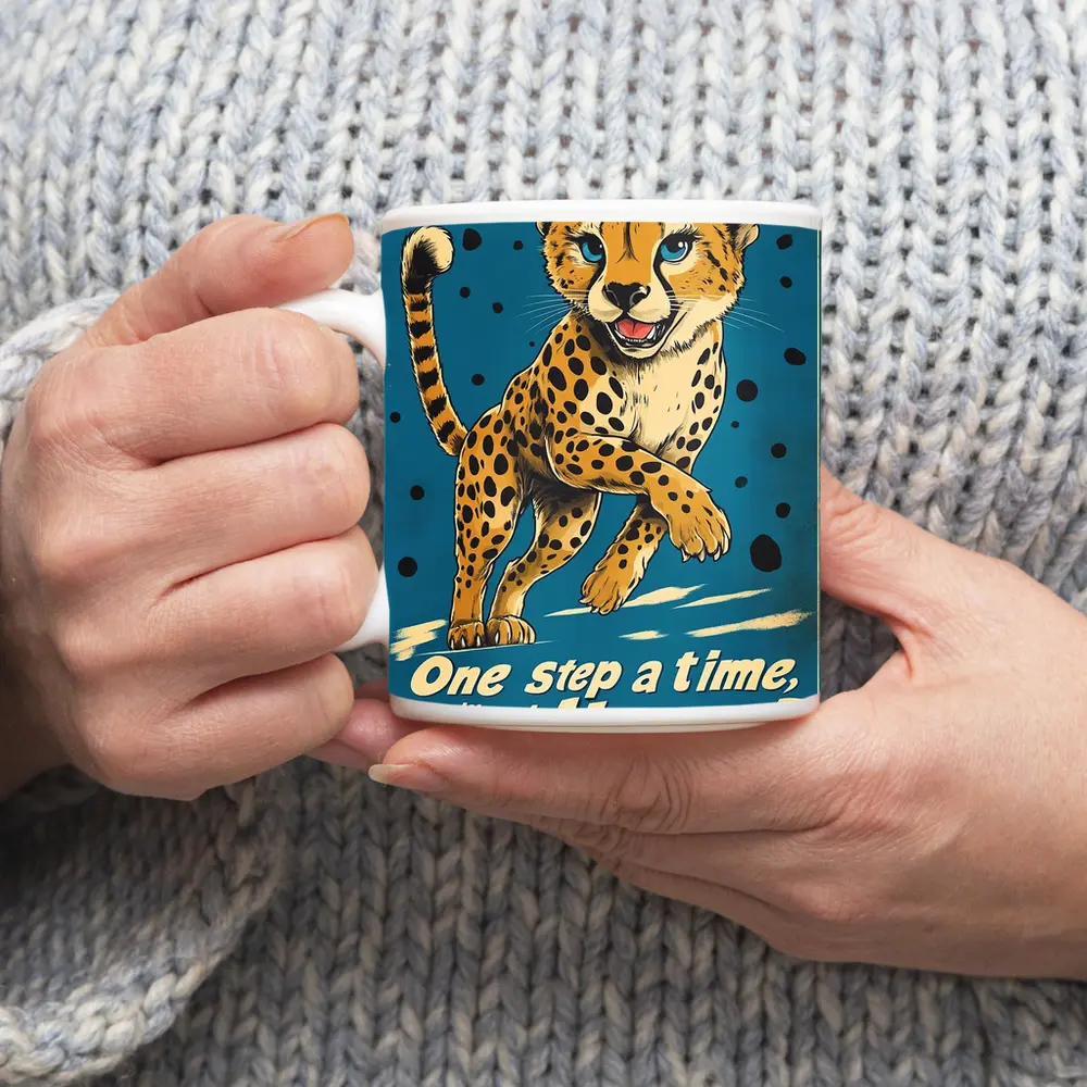 Cheetah Cub Running Retro Blue Motivational Art – Mugs