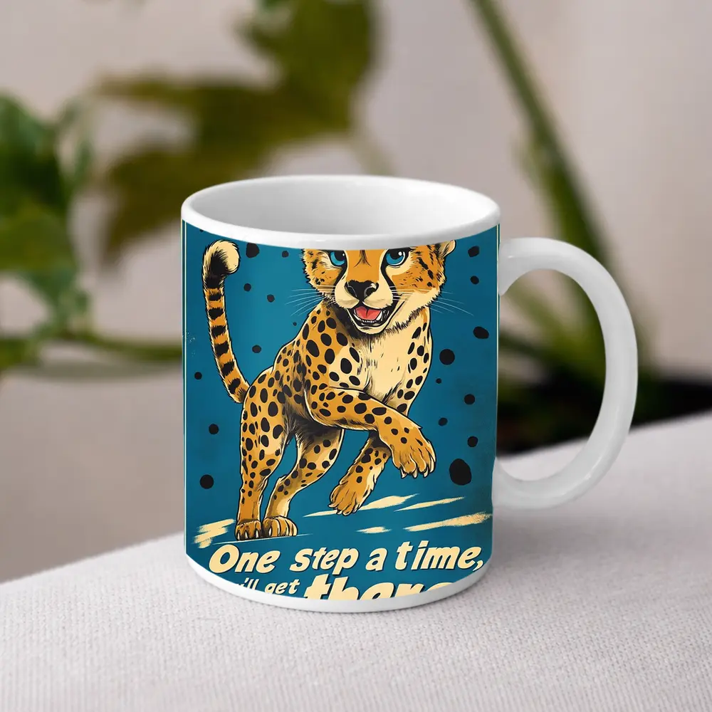 Cheetah Cub Running Retro Blue Motivational Art – Mugs
