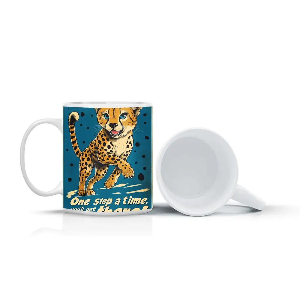 Cheetah Cub Running Retro Blue Motivational Art – Mugs