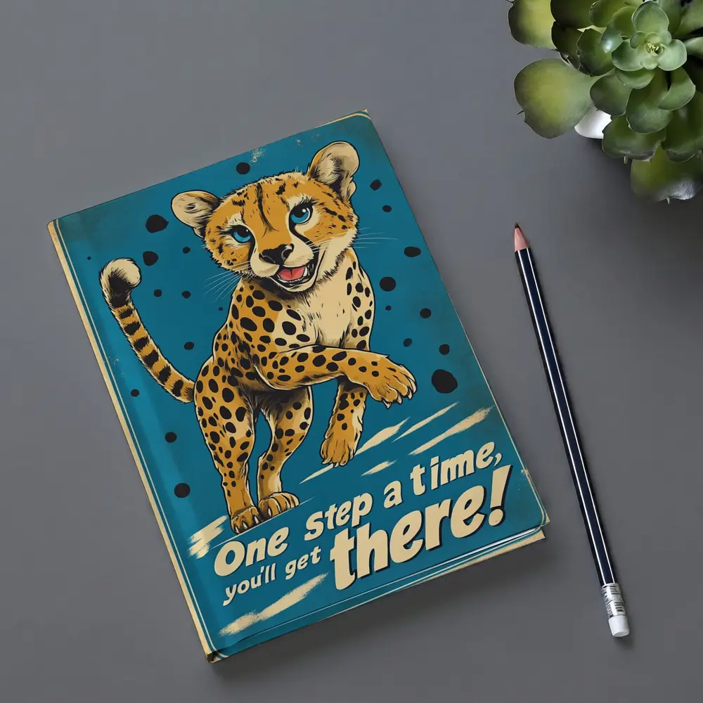 Cheetah Cub Running Retro Blue Motivational Art – Notebooks