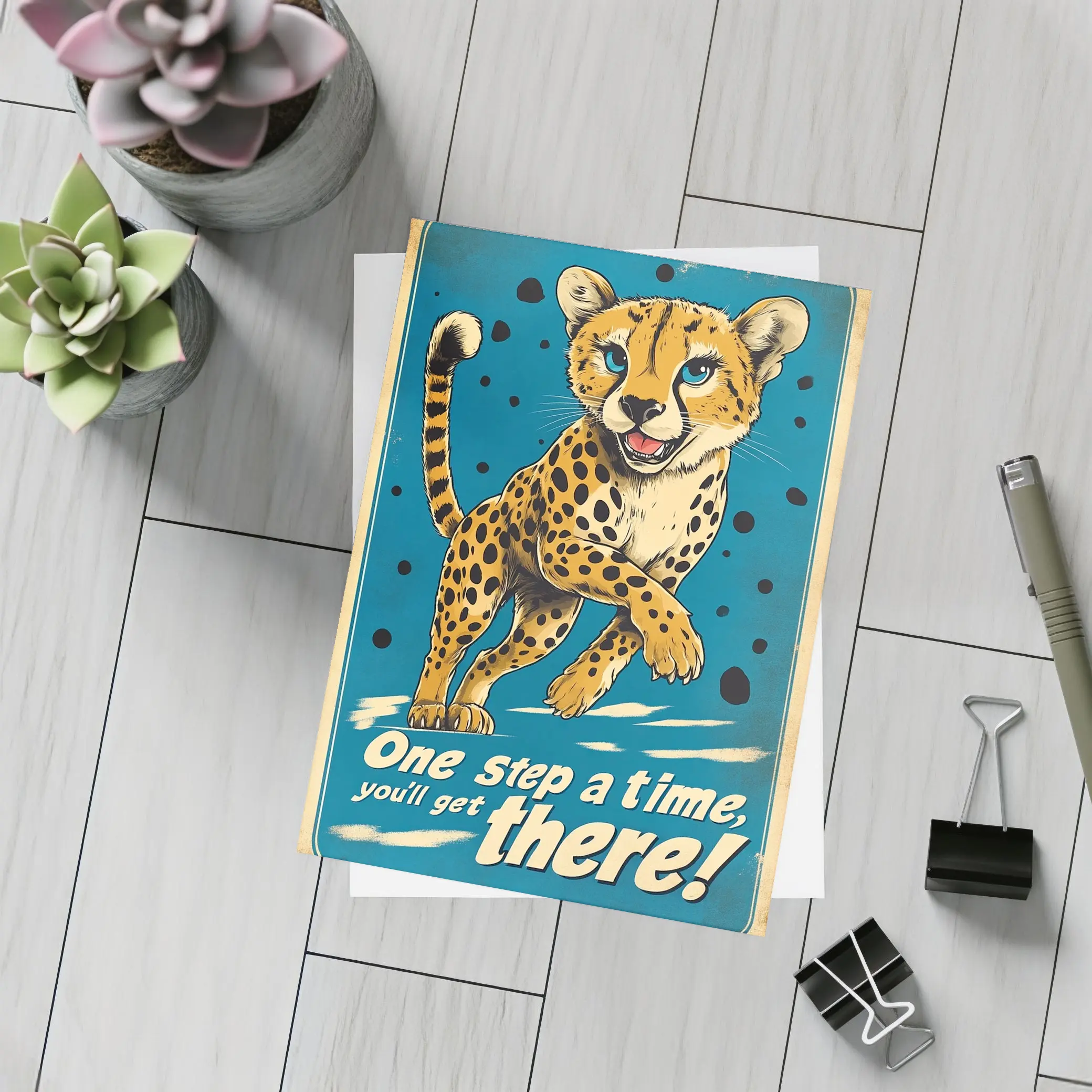 Cheetah Cub Running Retro Blue Motivational Art – Postcards