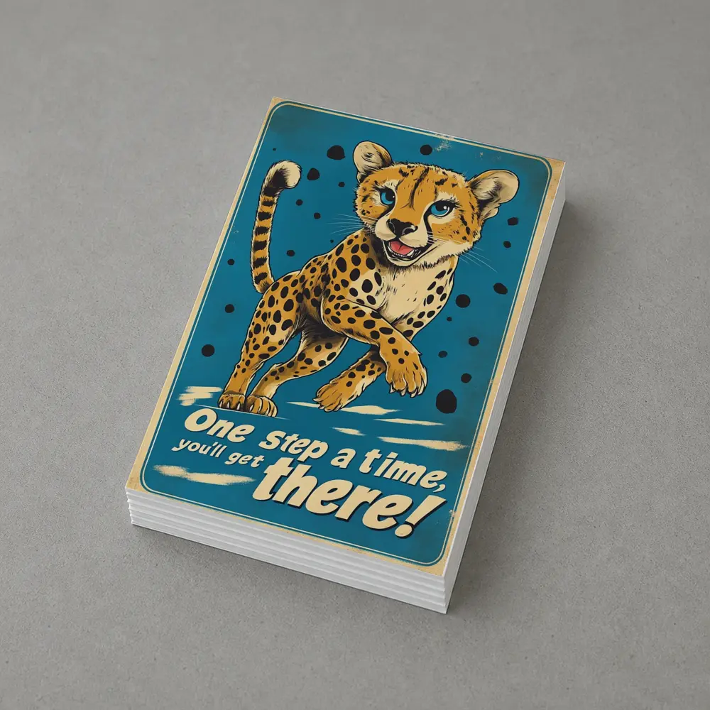Cheetah Cub Running Retro Blue Motivational Art – Postcards