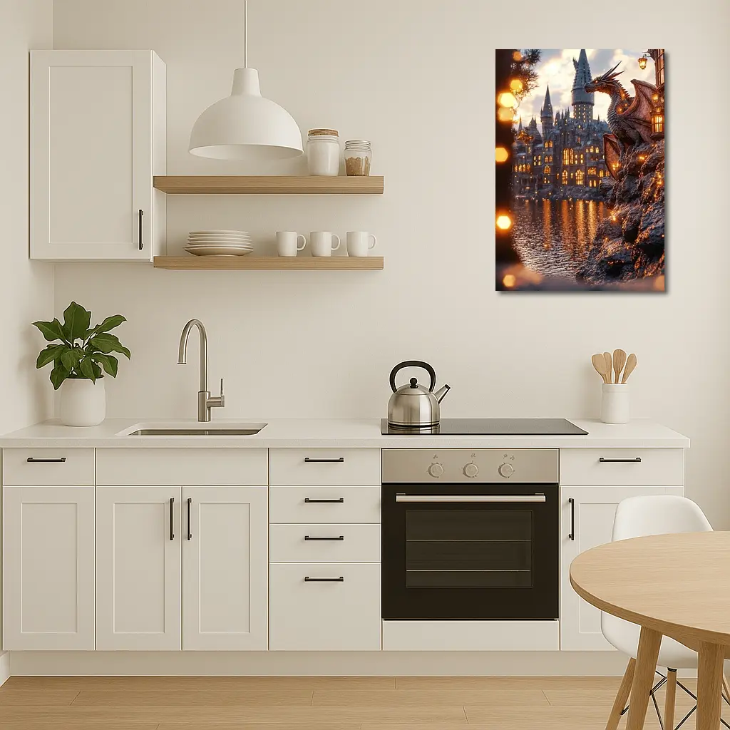 Dragon Perched by Glowing Fantasy Castle – Wall Art
