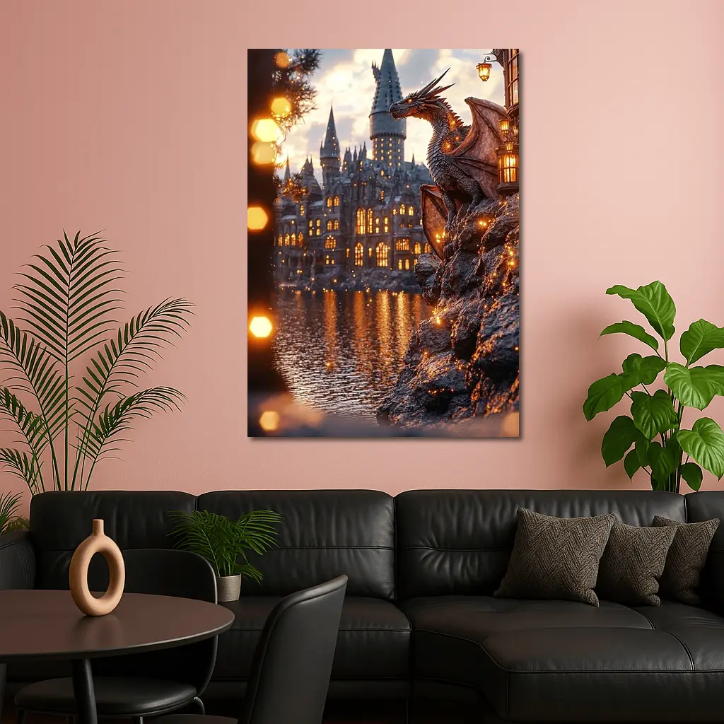 Dragon Perched by Glowing Fantasy Castle – Wall Art