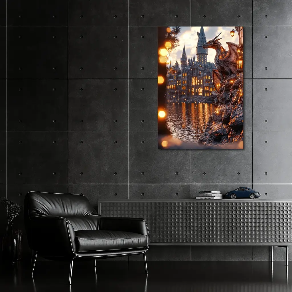 Dragon Perched by Glowing Fantasy Castle – Wall Art