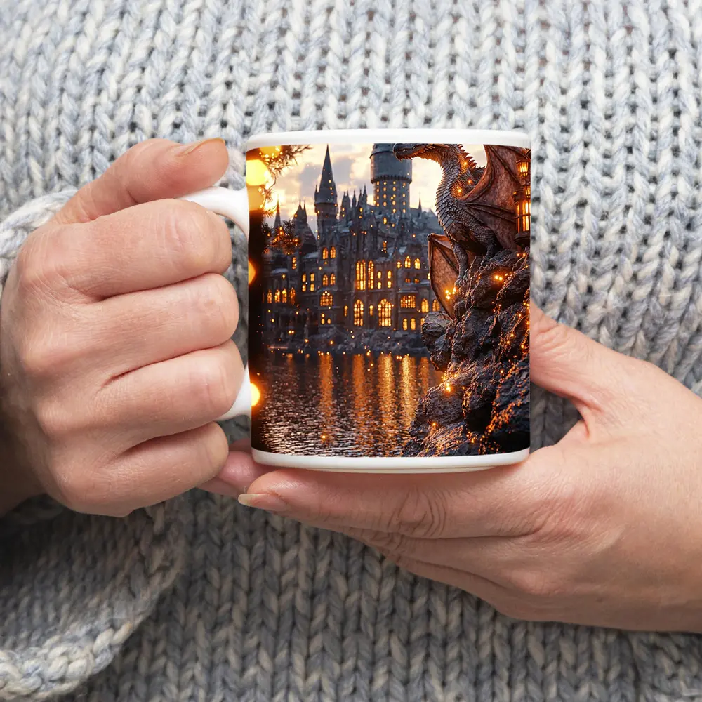 Dragon Perched by Glowing Fantasy Castle – Mugs