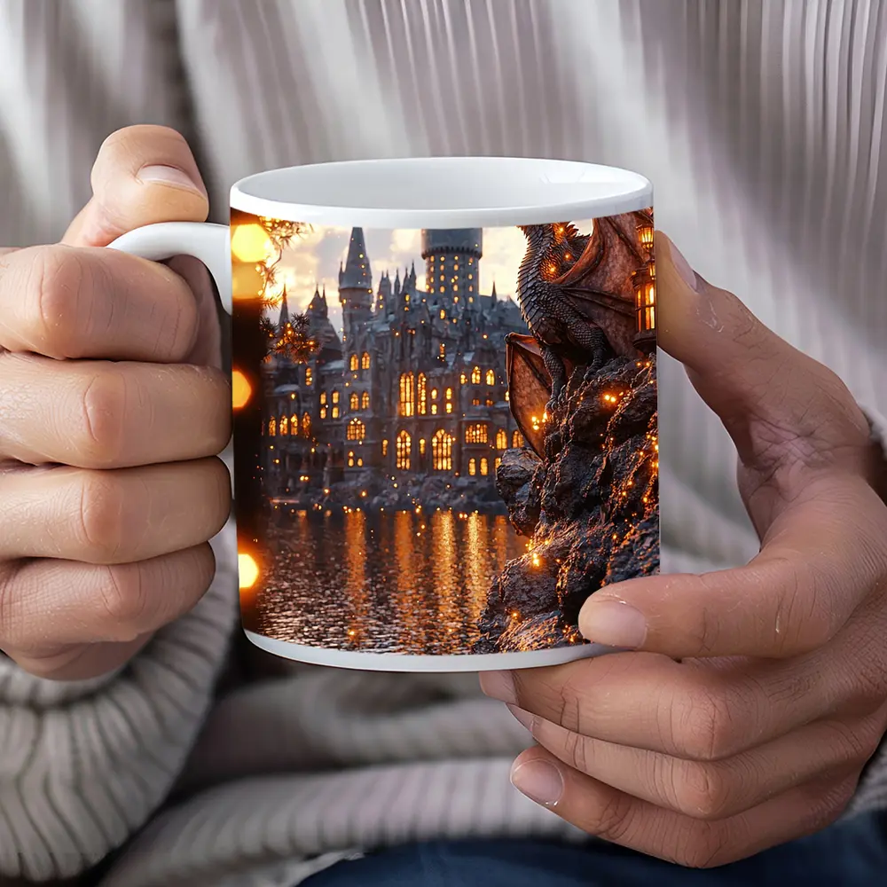 Dragon Perched by Glowing Fantasy Castle – Mugs