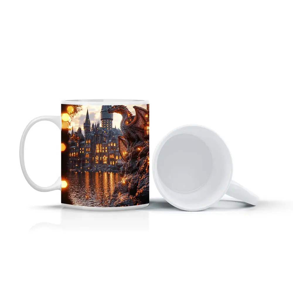 Dragon Perched by Glowing Fantasy Castle – Mugs