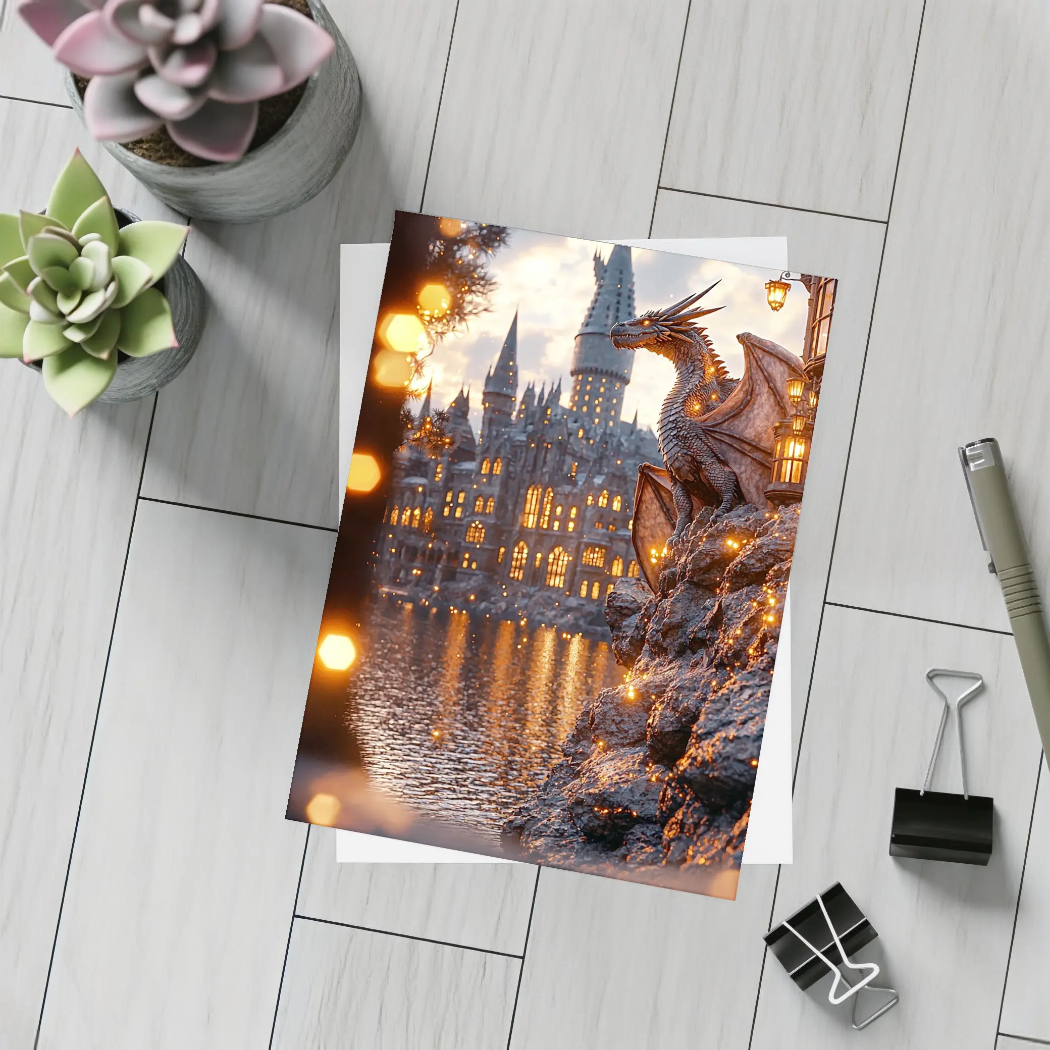 Dragon Perched by Glowing Fantasy Castle – Postcards