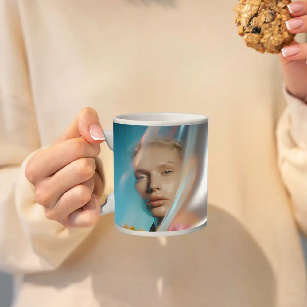 Woman Portrait Through Glass With Flowers – Mugs