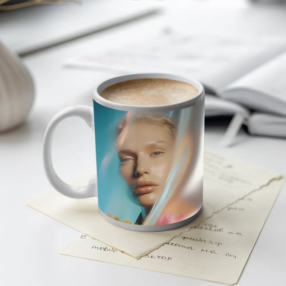 Woman Portrait Through Glass With Flowers – Mugs