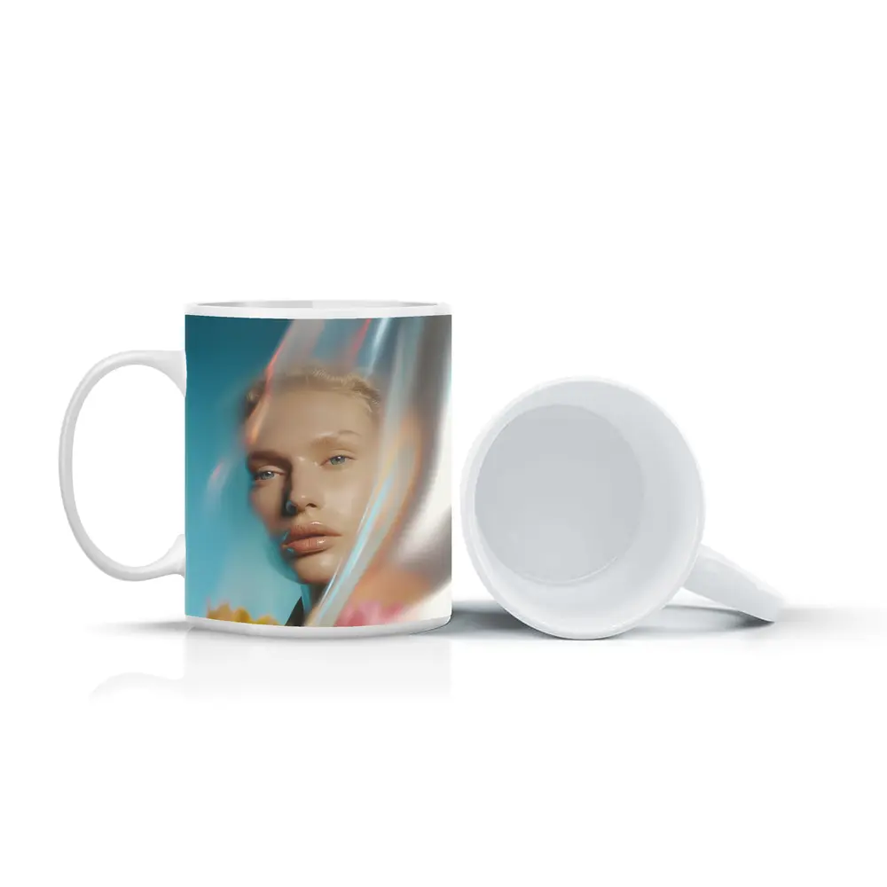Woman Portrait Through Glass With Flowers – Mugs