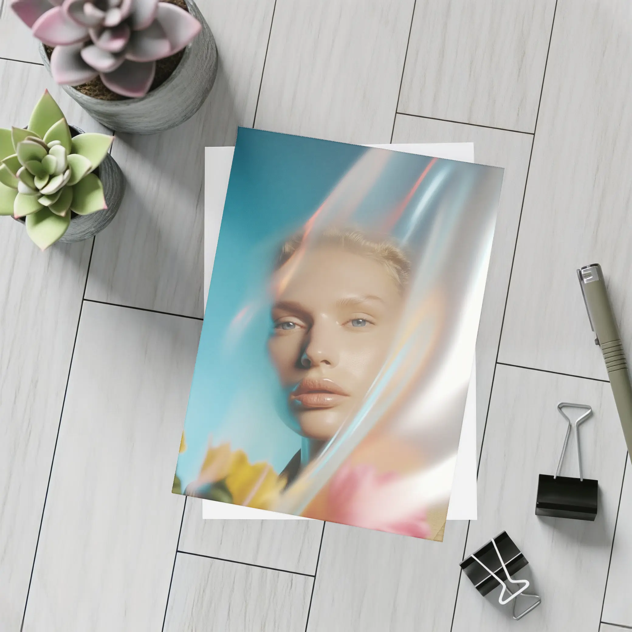 Woman Portrait Through Glass With Flowers – Postcards
