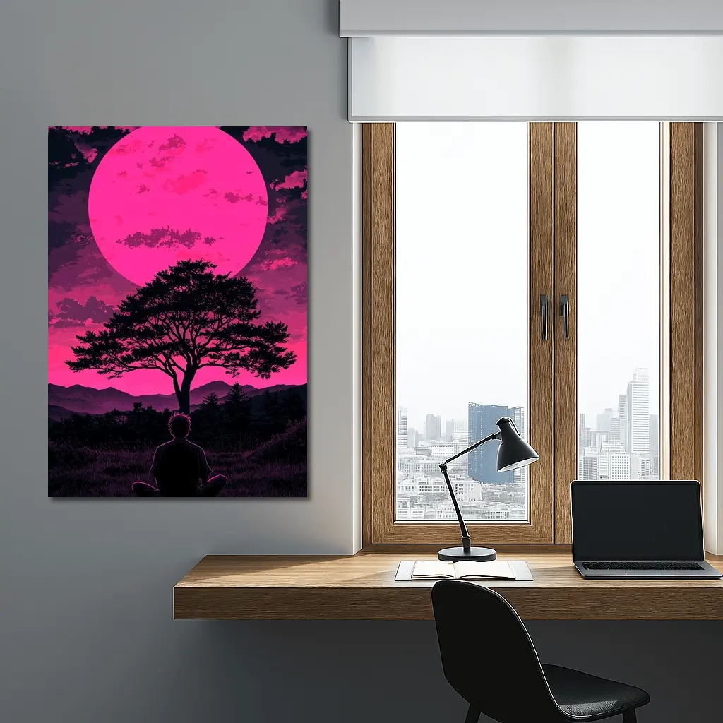 Meditating Man Pink Moon Silhouette Art – Wall Art