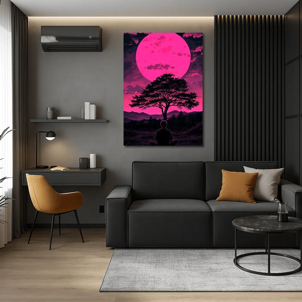 Meditating Man Pink Moon Silhouette Art – Wall Art