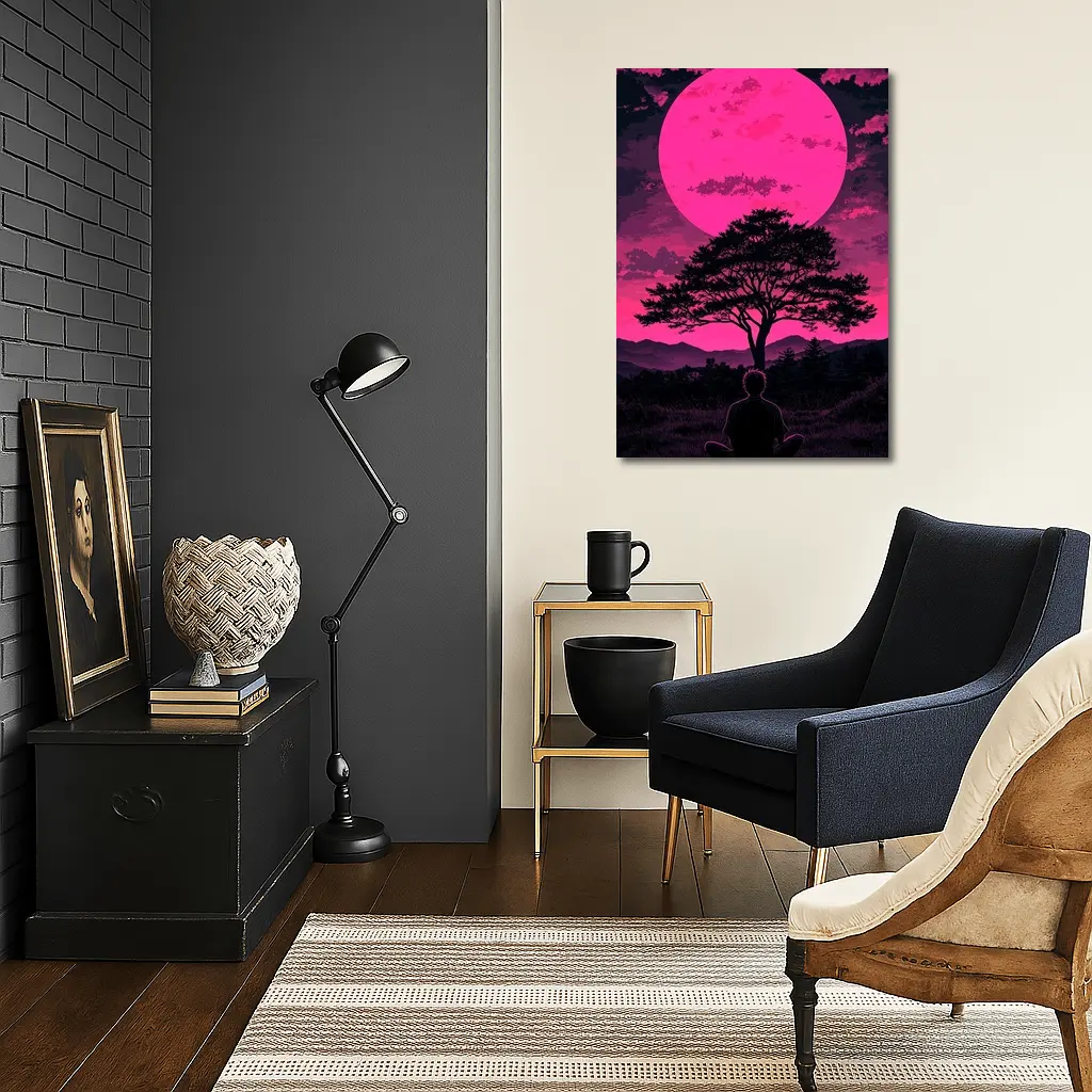 Meditating Man Pink Moon Silhouette Art – Wall Art
