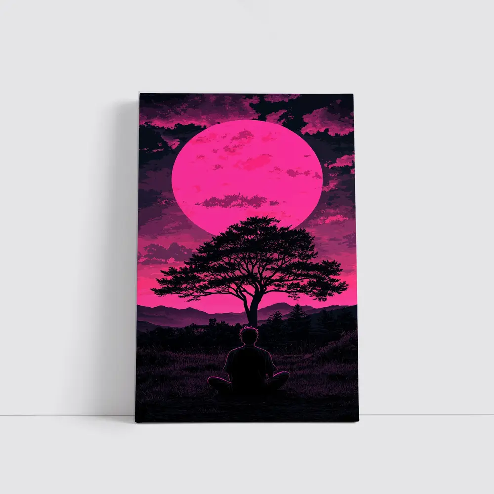 Meditating Man Pink Moon Silhouette Art – Wall Art