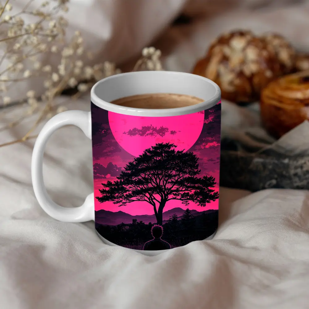 Meditating Man Pink Moon Silhouette Art – Mugs