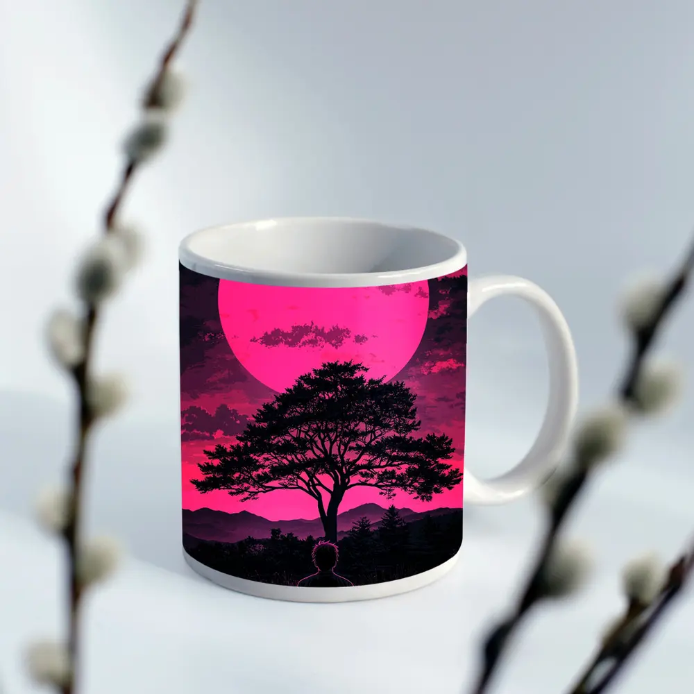 Meditating Man Pink Moon Silhouette Art – Mugs