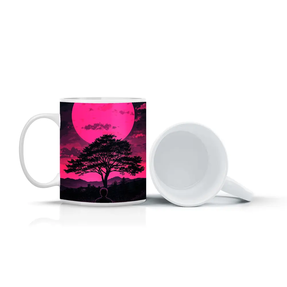 Meditating Man Pink Moon Silhouette Art – Mugs