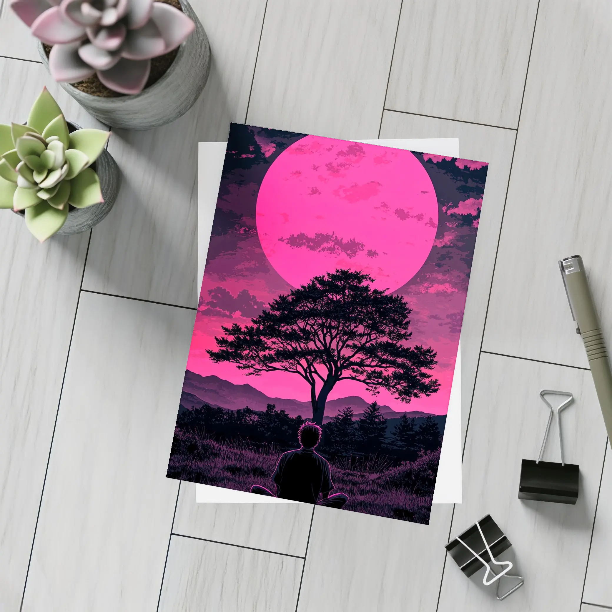 Meditating Man Pink Moon Silhouette Art – Postcards