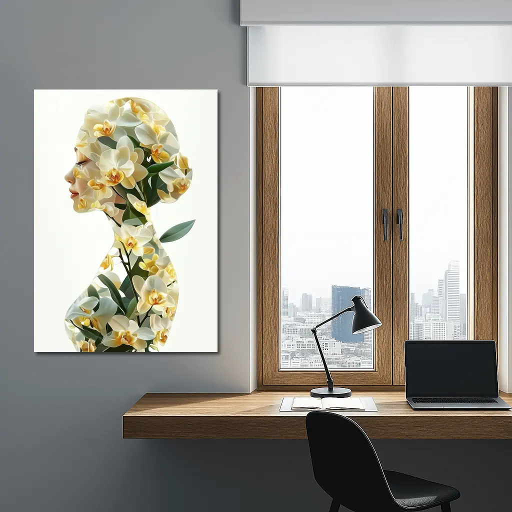 Woman Silhouette Double Exposure White Orchids – Wall Art
